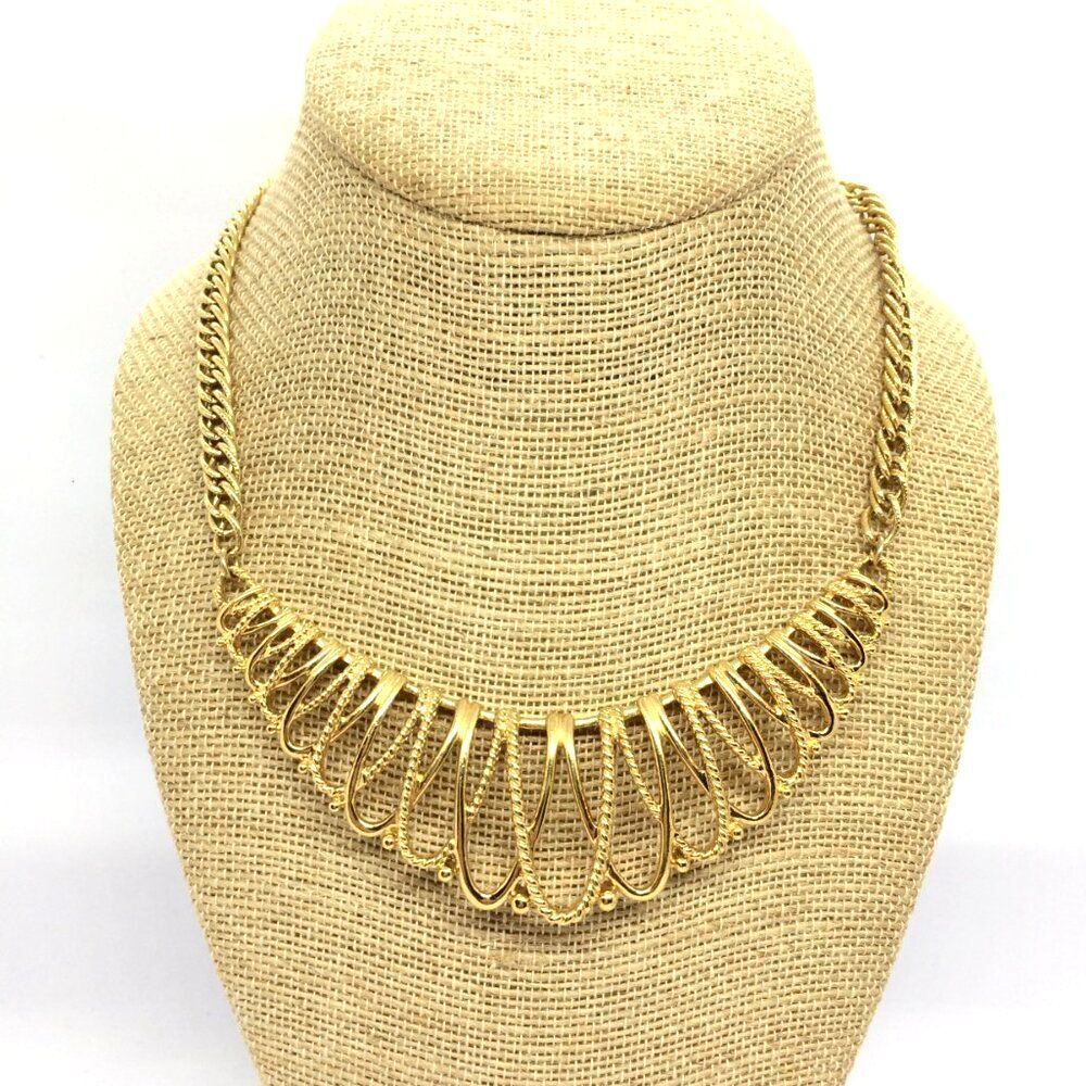 Vintage Gold Tone Necklace Bib Chunky Opework Sculptural Mobwife 80s 90s Runway